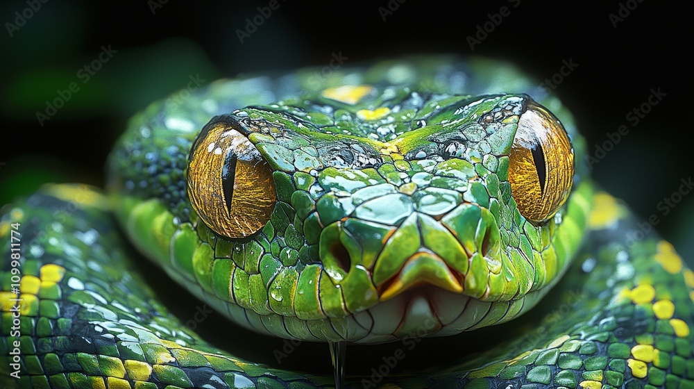Fototapeta premium Closeup of vibrant green snake with striking yellow eyes and intricate scale patterns, intense reptile gaze
