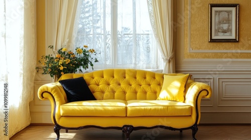 Yellow tufted loveseat sofa adds a vibrant touch to a classic Art Deco interior, beautifully complementing the modern living room's elegant design. photo