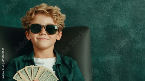 A stylish young boy in sunglasses sitting on a chair holding a fan of dollar bills, exuding playful confidence photo