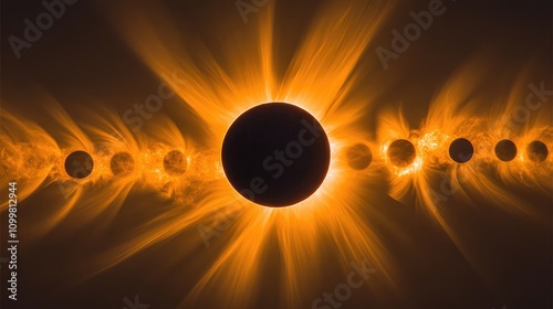 A breathtaking solar eclipse with a silhouetted moon surrounded by vibrant solar flares radiating outward in dramatic cosmic splendor. photo