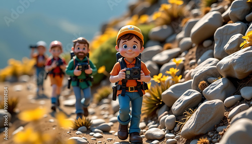 Joyful cartoon hikers, orange and blue, rocky path, adventure concept, summer hike  photo