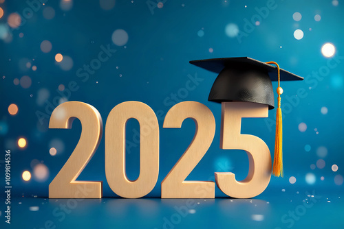 Class of 2025 concept. Wooden number 2025 with a graduate hat on a blue background with bokeh.Congratulatory banner.Freedom and Happy New Year. success in the future goal and passing time