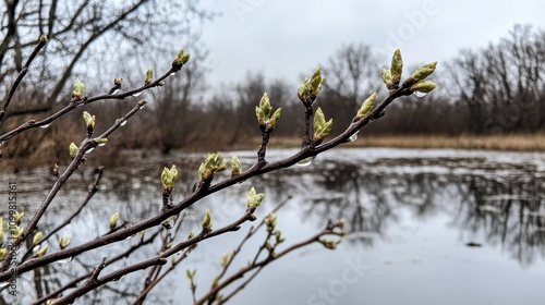 Raindrops clinging to a budding tree branch, with soft  clouds and puddles reflecting the muted light of an early March day