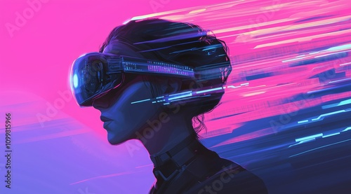 Girl in hi-tech VR glasses with elements of artificial intelligence. Background in a high-tech style. Shining lines and patterns resembling neural networks, connections, and digital circuits.