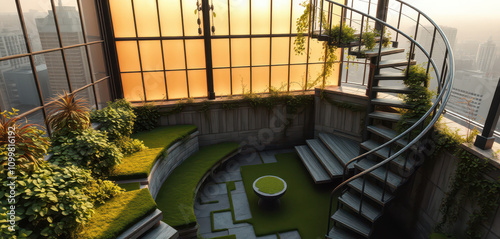 A serene rooftop oasis, where a majestic spiral staircase winds its way up to a lush haven of moss-covered stone and verdant vines, their delicate tendrils spilling over the edges like a verdant water photo