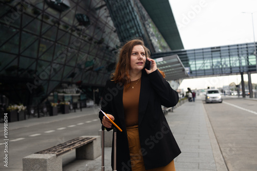 Traveler business woman with suitcase calling mobile phone waiting yellow taxi on road in city street. Beautiful female smiling using smartphone application hailing with hand up calling cab outdoor photo