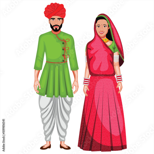 Rajasthani Couple Character In Traditional Costume Vector Illustration