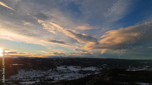 Stunning aerial drone footage capturing a vibrant sunset over a serene landscape. The warm hues reflect on tranquil waters, ideal for travel, nature, and relaxation videos. Capture tranquility! photo