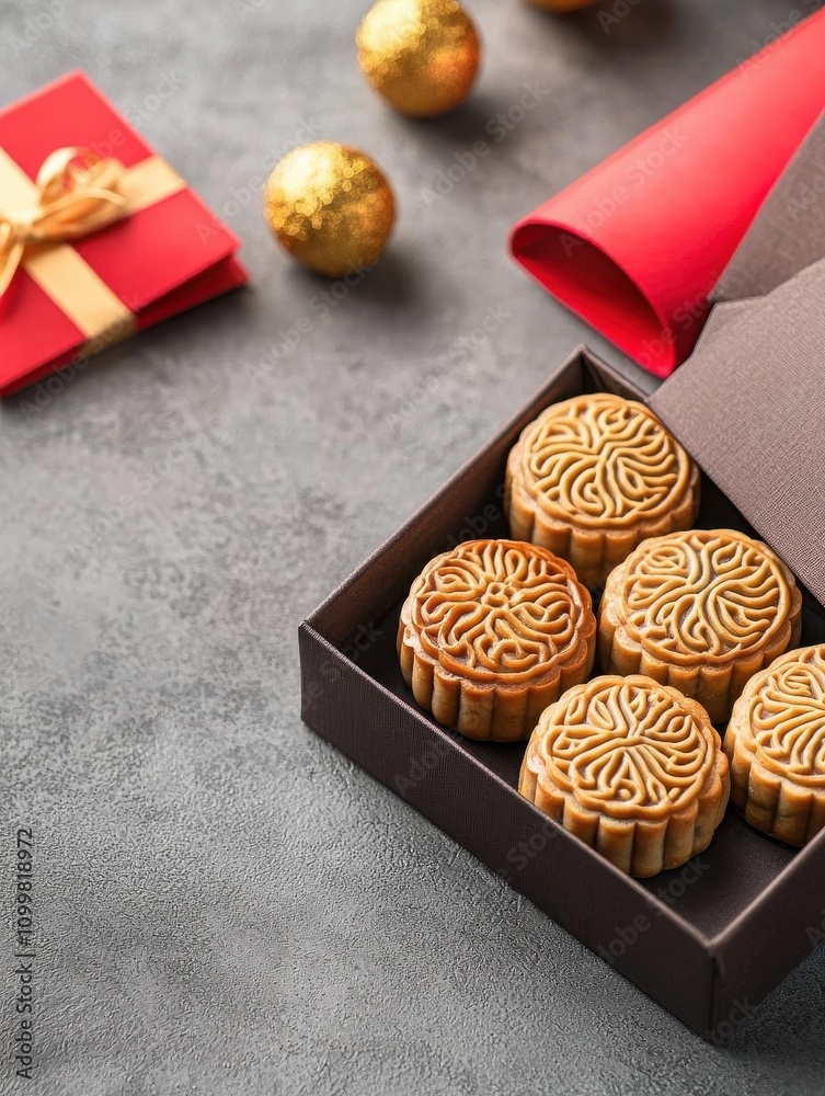 Fototapeta premium A beautifully wrapped box of Lunar New Year mooncakes, each intricately designed, set alongside festive red envelopes and gold ingots