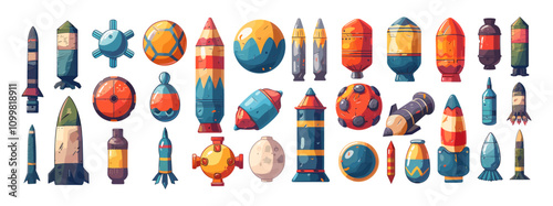 Cartoon bombs and missiles. Military explosive rockets, grenades dynamite devastating ammo weapon, tnt detonation demolition ammunition for battles or warfare, isolated vector illustration