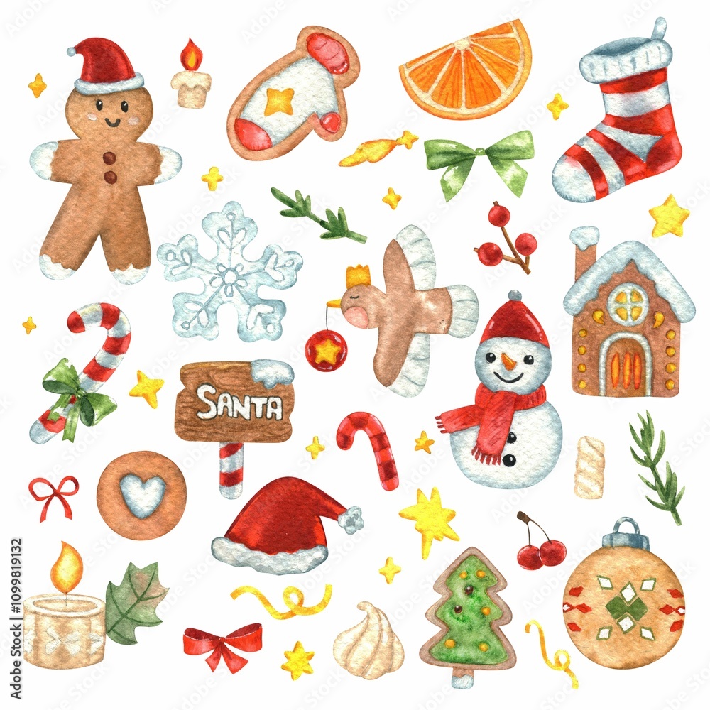 Fototapeta premium Christmas watercolor decoration clip art.