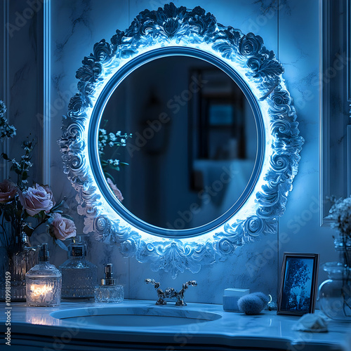 Ornate Blue Lit Bathroom Mirror with Floral Detail - Interior Design photo