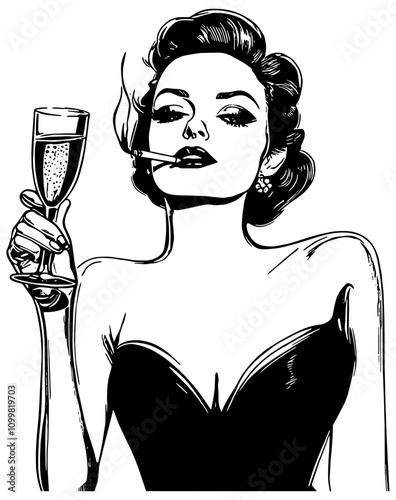 Vintage 1950's style woman in a party dress holding a glass of champagne and smoking a cigarette. Illustration in black, isolated 