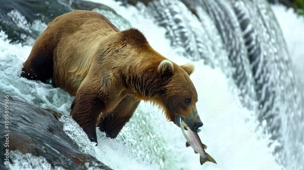 Fototapeta premium Grizzly bear catching salmon at waterfall in a natural habitat