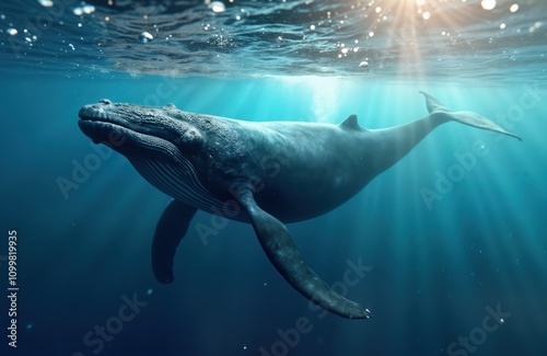 Humpback whale swims in deep blue ocean. Sunlight streams through water. Whale large, beautiful. Majestic marine mammal. Ocean wildlife scene. Underwater shot. Whale in natural habitat. Beautiful photo