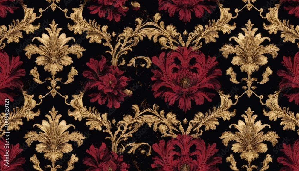 Fototapeta premium Opulent dark baroque floral pattern featuring rich textures and golden accents
