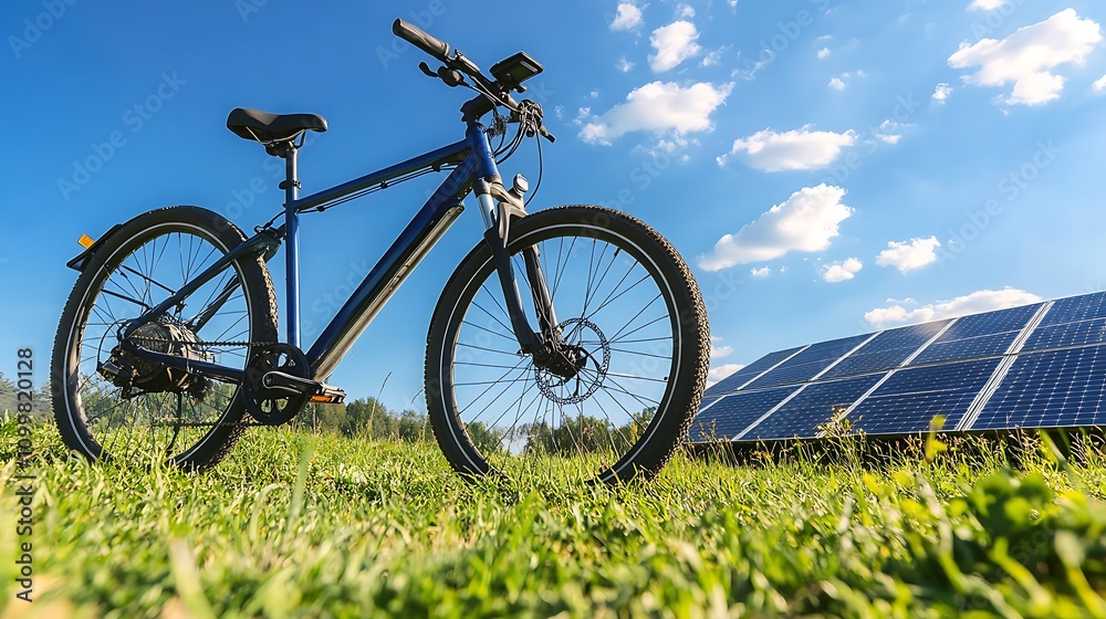 Fototapeta premium Electric Bicycle Near Solar Panels Under Blue Sky
