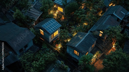 Aerial View of Houses at Night photo