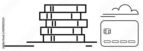 Modern building with stacked floors and horizontal lines, near a credit card with a cloud icon. Ideal for finance, banking, real estate, technology, cloud computing, digital payments, online