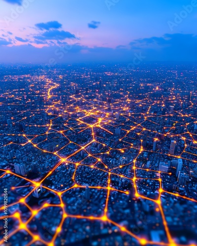 Aerial view of a vibrant city illuminated at dusk photo