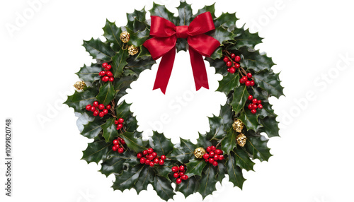 A lush green holly wreath adorned with red berries and a golden bow, positioned on the left
