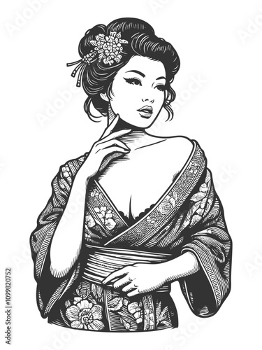 geisha in a floral-patterned kimono, asian woman sketch engraving generative ai fictional character vector illustration. Scratch board imitation. Black and white image.