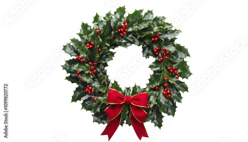 A lush green holly wreath adorned with red berries and a golden bow, positioned on the left