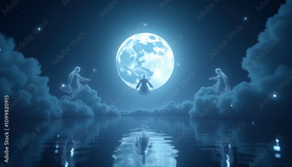 Fototapeta premium Ethereal spirits floating among clouds under bright full moon reflecting on calm water