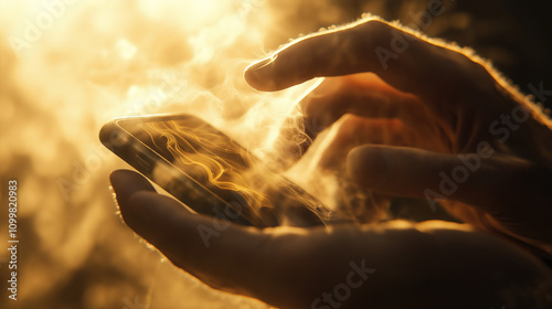 A close-up of a hand holding a smartphone, pressing it intensely. The phone is overheating, emitting realistic, wispy smoke with a glowing red hue. Hyper-realistic, highly detailed, sharp focus.