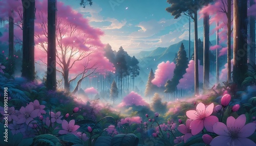 Illustration of rainforest with pink blossom trees