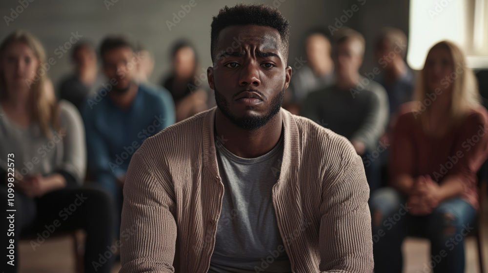Fototapeta premium Man experiencing anxiety during a support group meeting session