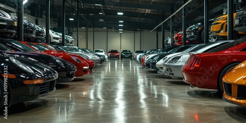 Wallpaper Mural Showroom scene with cars lined up, ready for transportation to a dealership. Torontodigital.ca