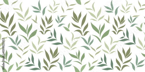 Abstract leaves, Green leaves pattern, Seamless hand drawn vintage leaves textile on white background.Vector, illustration.