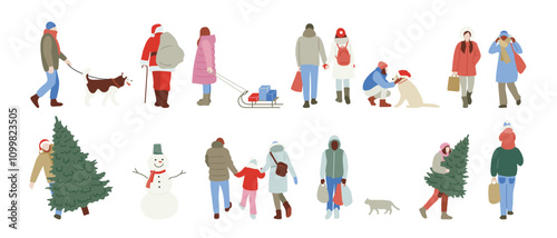 Set Of Christmas People In Winter Clothes: Santa, Women And Men, Children, Dogs And Cat, ChristmasTree. December Holidays Preparations. Flat Style Vintage Isolated On White. Vector illustration