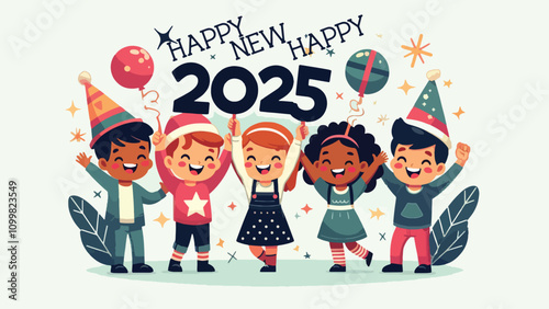 illustration of children happily welcoming New Year's Eve, they uphold the number 2025 
