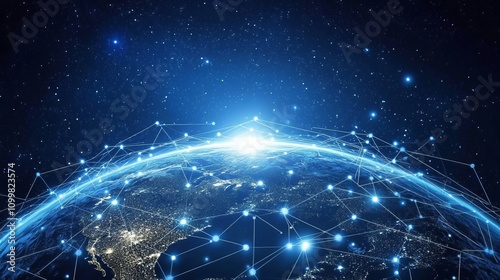 Abstract digital planet Earth with glowing network connections and data transfer, global internet technology concept background. Glowing blue grid on a dark space sky background with stars. Realistic,