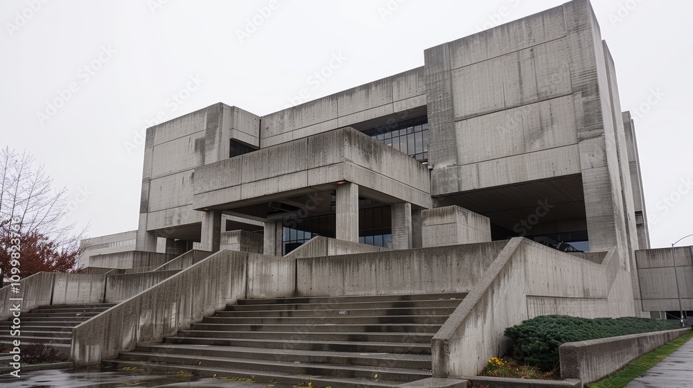 Fototapeta premium Modern concrete structure with stairs and textured facade design