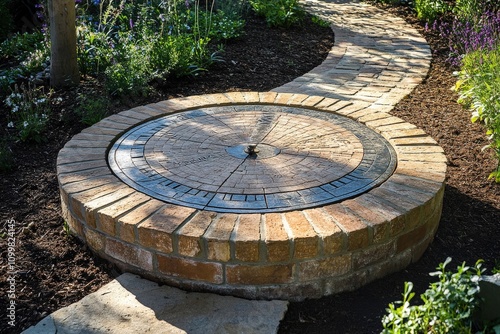 Sundial in Horizontal Garden Setting with Brick Path and Shadow