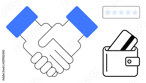 Hands shaking, wallet with credit card, and five-star ratings box. Ideal for business partnerships, financial transactions, customer satisfaction, trust, commerce, agreements and online reviews