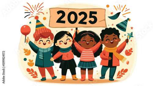 illustration of children happily welcoming New Year's Eve, they uphold the number 2025 