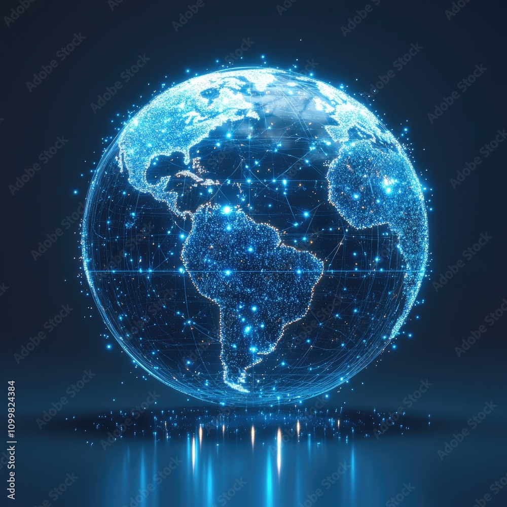 Fototapeta premium Model of planet Earth 3D view from space with continents. Satellite Internet, space signal. Electricity on planet Earth. Power outage, blackout. Provider, internet signal.