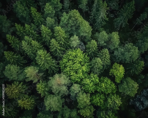 Rewilding forest area, new growth among old trees, biodiversity restoration, vibrant greens