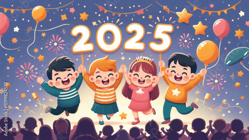 illustration of children happily welcoming New Year's Eve, they uphold the number 2025 