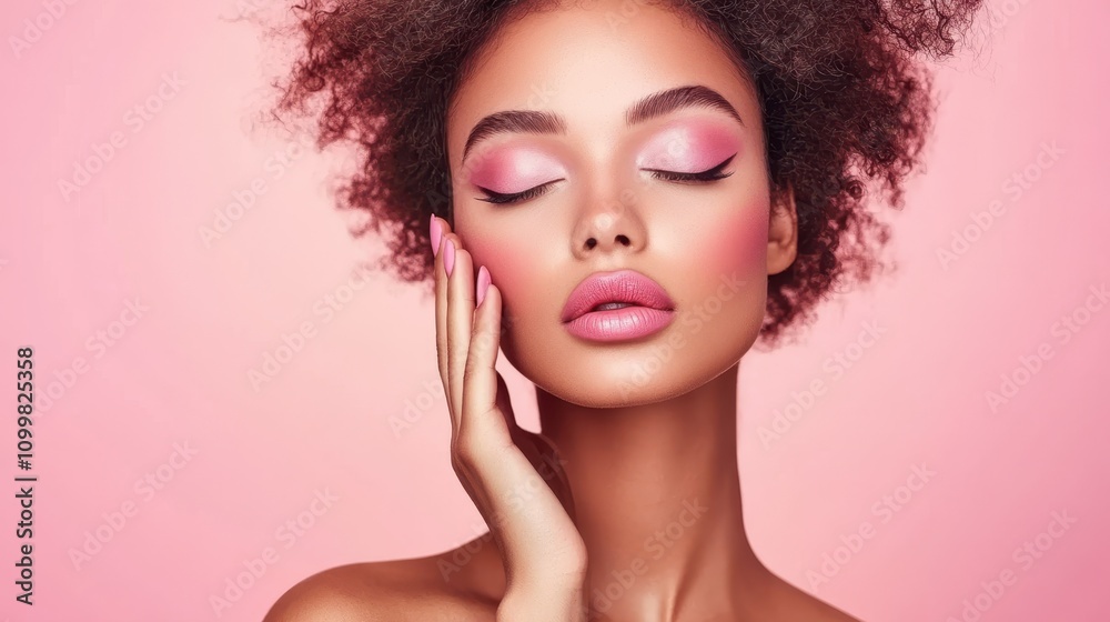 Obraz premium Glamorous close-up of a woman with vibrant pink makeup, glossy lips, and afro curls, exuding elegance against a soft pink background.