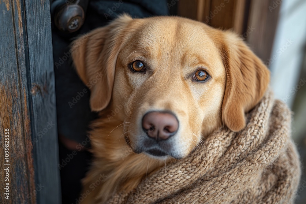 Golden retriever dog wrapped in a cozy scarf, looking at the camera. Golden retriever dog wrapped in a cozy scarf, looking at the camera.