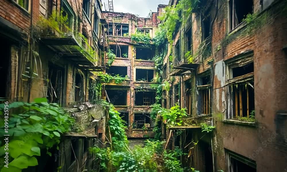 Abandoned Urban Jungle: Nature Takes Over Decaying Building, Showcasing Vibrant Greenery Amidst Crumbling Architecture and Urban Decay in a Forgotten Locale