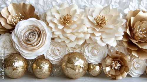 Elegant Paper Flowers Arrangement with Golden Accents and Decorative Orbs for Wedding Decor, Crafts, and Home Interiors