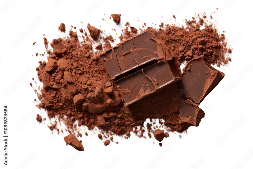 Fototapeta premium Dark chocolate bar with chunks and finely ground cocoa powder spread around, set against a clean white background