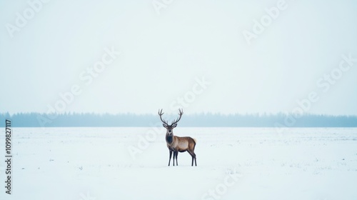 lone deer in a vast snowy field, with a clean, white background and a pale blue sky creating a simple, serene winter composition 