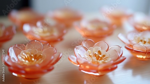 Delicate Orange Glass Flowers Arranged Beautifully on a Wooden Surface, Showcasing Intricate Design and Craftsmanship in Soft Natural Light